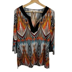Boston Proper Blouse Tunic Shirt M Blue Orange‎ Southwestern Travel Slinky
